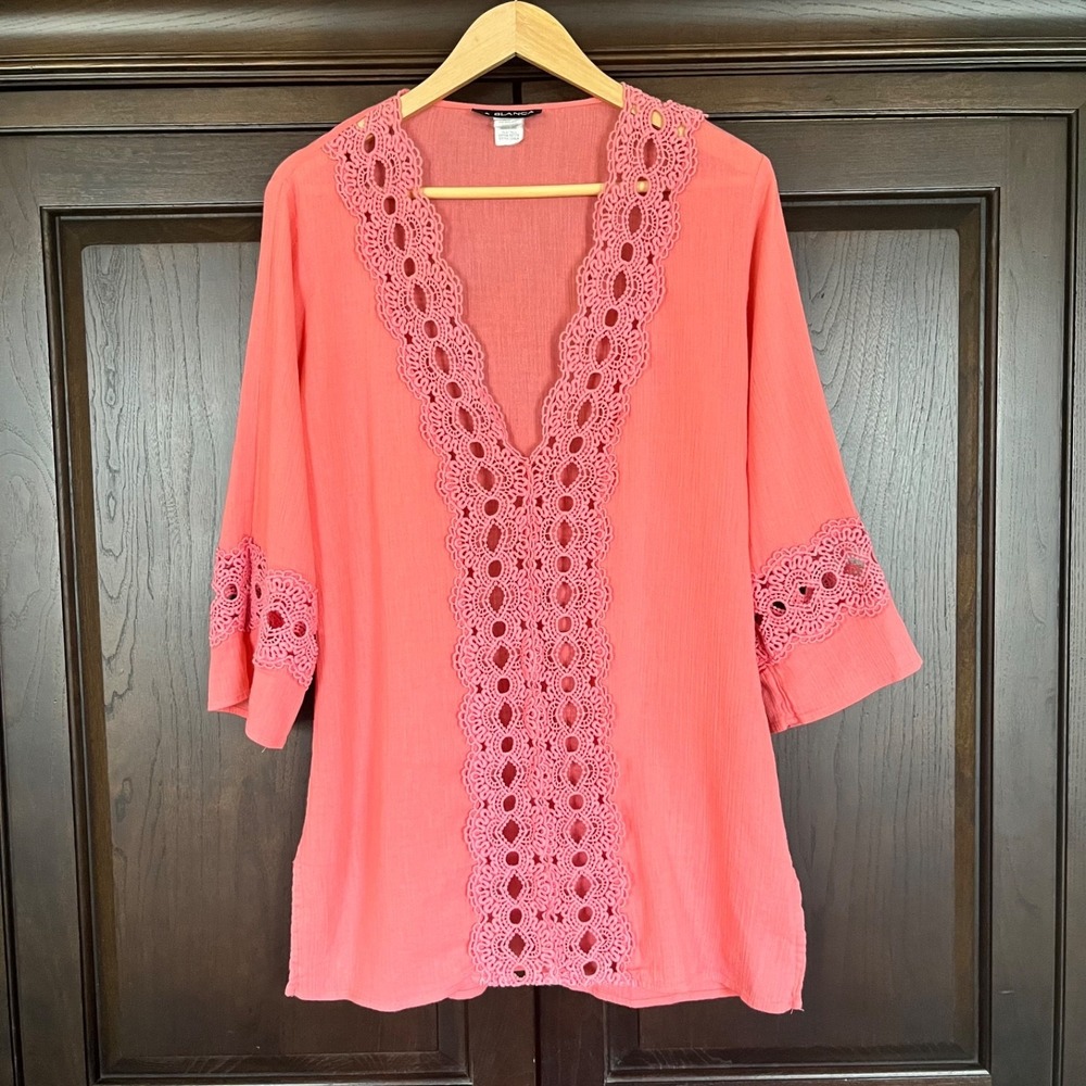 LA BLANCA Swim Cover Up Size XS Cotton Lace Trim Coral 3/4 Sleeves Flowy Beachy‎